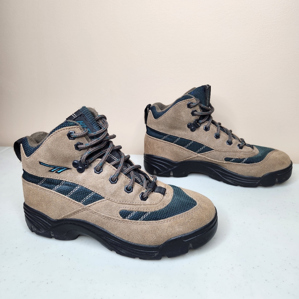 Hi-Tec Lady Idaho Hiking Boots Size 7 Brown Suede Green Cordura Model 4726